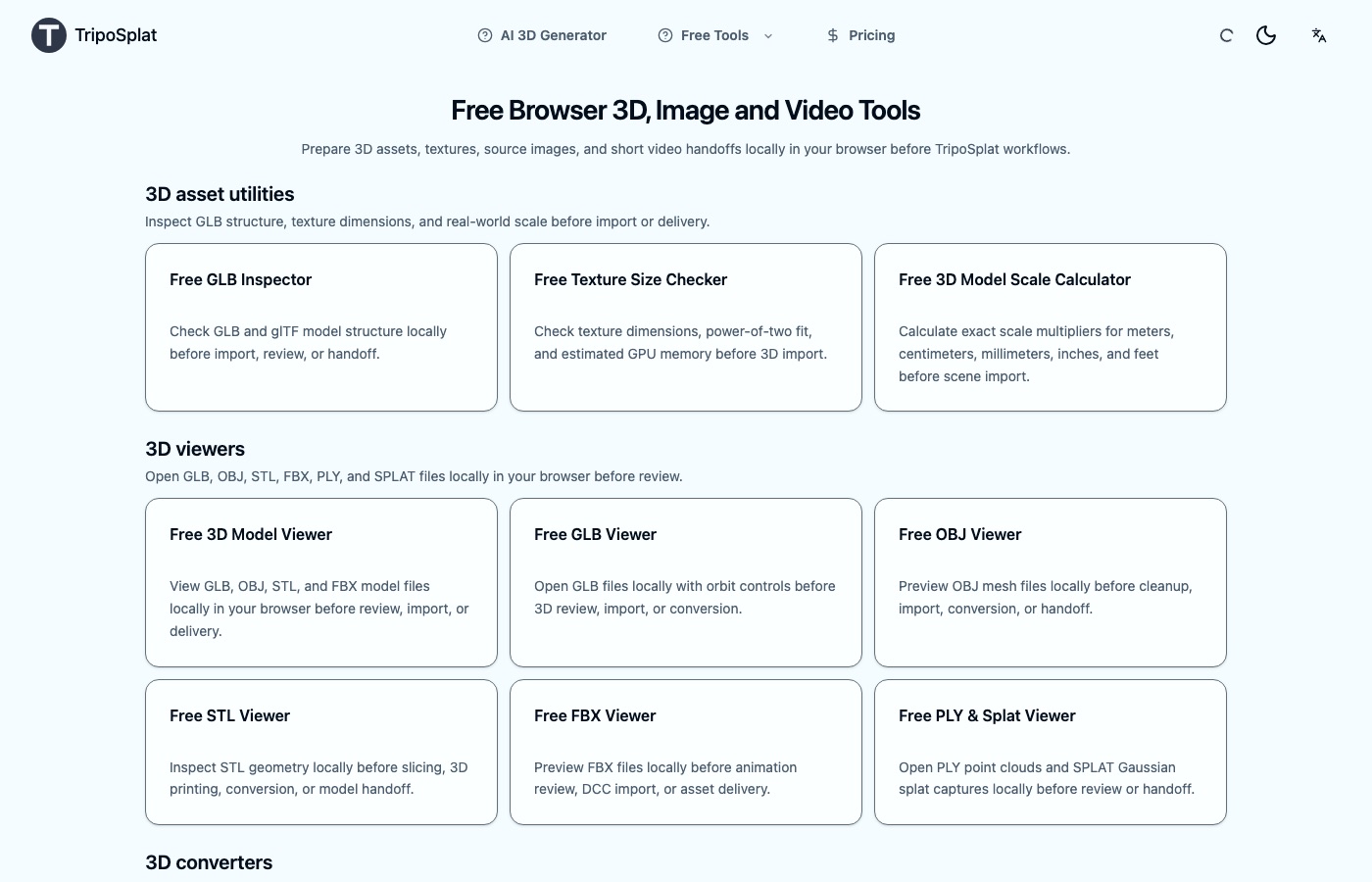 Browser-based TripoSplat asset tools workspace preview